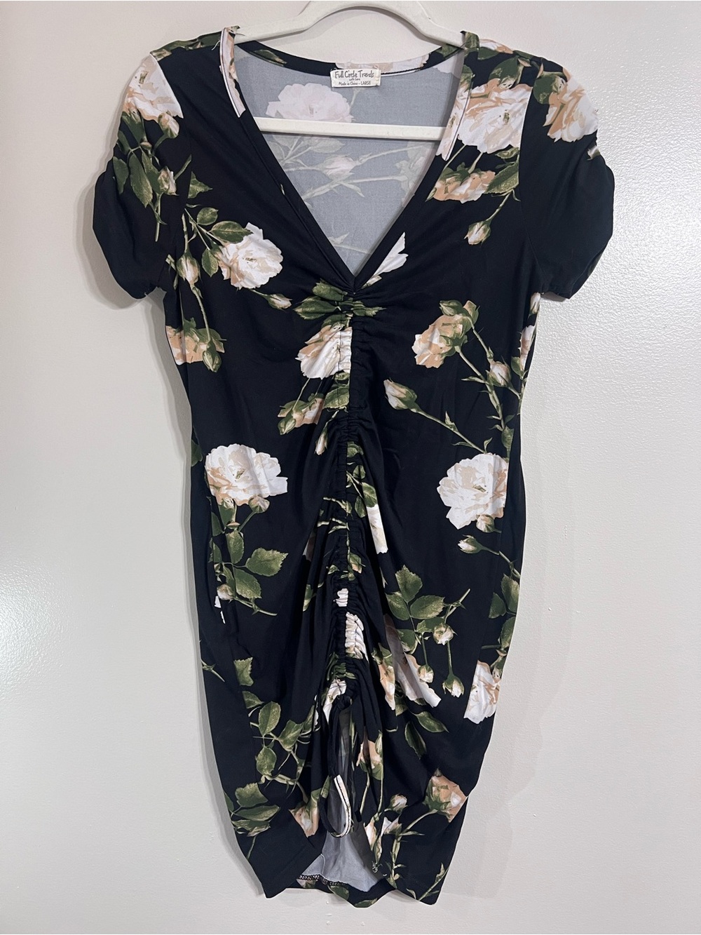 Floral Ruched V-Neck Dress - Black with White & Green Floral